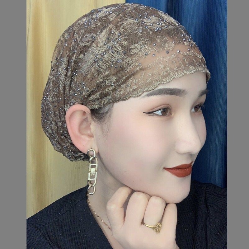 遮白发蕾丝包头帽春夏复古镂空头巾帽洋气大花朵薄头套女套头帽子