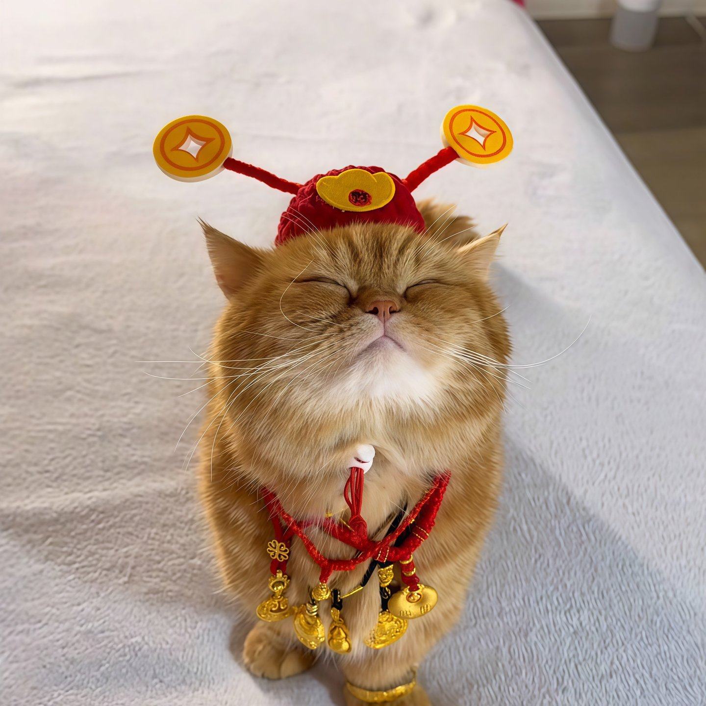 猫咪财神帽露耳朵头饰新年帽子宠物发财招财针织头套过年喜庆装扮