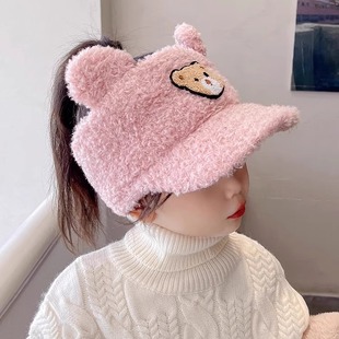 儿童帽子可爱秋冬季宝宝保暖羊羔绒空顶帽男女童鸭舌潮漏顶露马尾