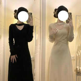 小香风V领收腰黑色针织连衣裙女秋冬配大衣长款过膝打底a字毛衣裙