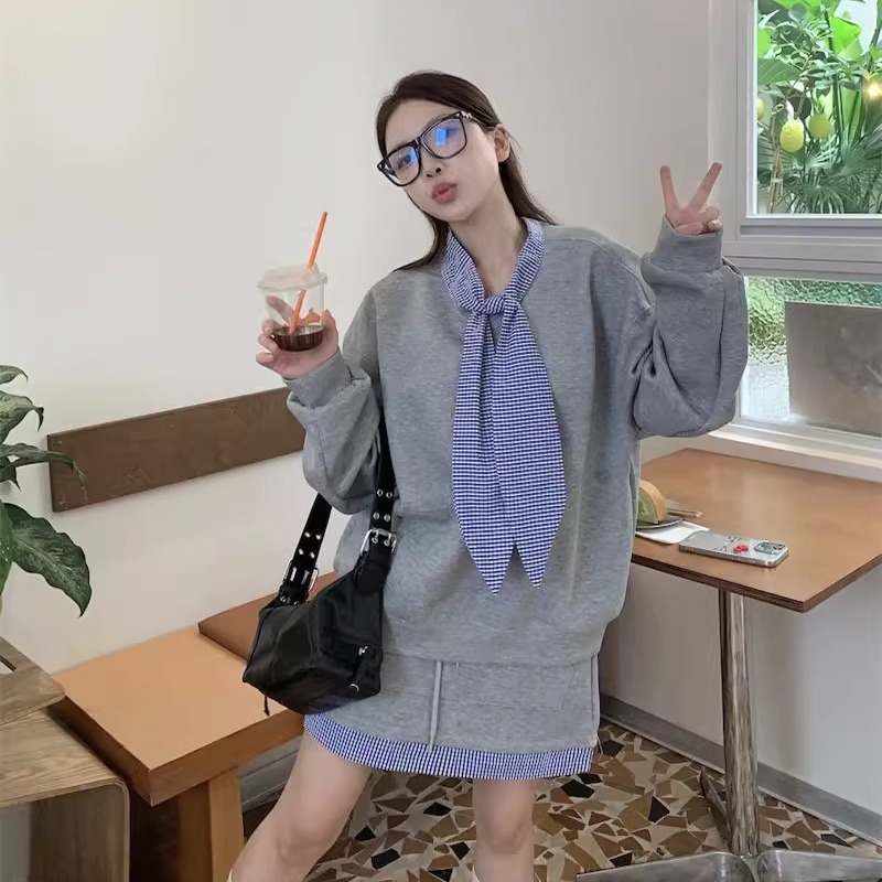 韩系高级感套装灰色格子长袖卫衣