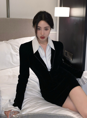 假两件丝绒衬衫连衣裙女春季短裙黑色赫本风法式收腰气质包臀裙子