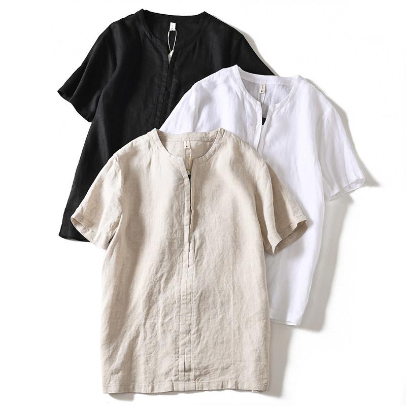 100精仿亚麻 外贸男装日单尾货夏季男士圆领透气短袖亚麻衬衫上衣