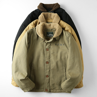 外贸男装 棉衣服外套 出口原单尾货复古羊羔绒加绒加厚保暖翻领工装