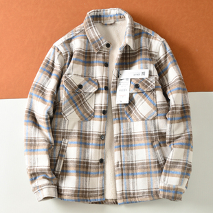 Z家款 内里羊羔绒 男士复古翻领保暖格子加绒衬衫式抓绒棉衣外套