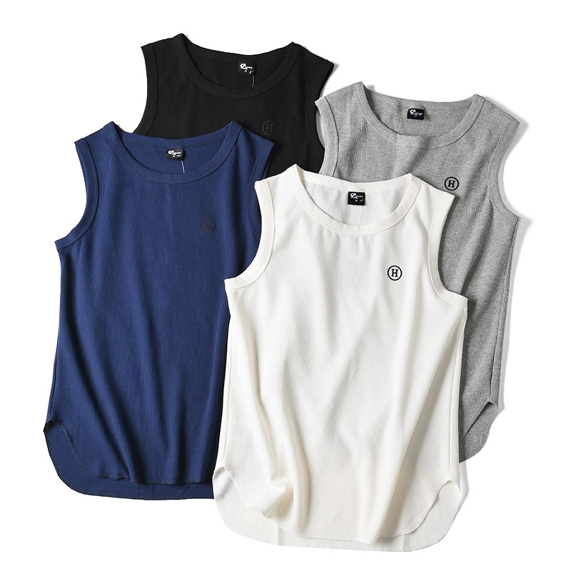 外贸日单尾货男士华夫格无袖t恤下摆弧形运动跑步篮球坎肩背心男