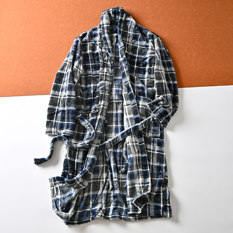 星级享受！高端酒店SPA定制秋冬长款家居保暖格子法兰绒睡袍均码