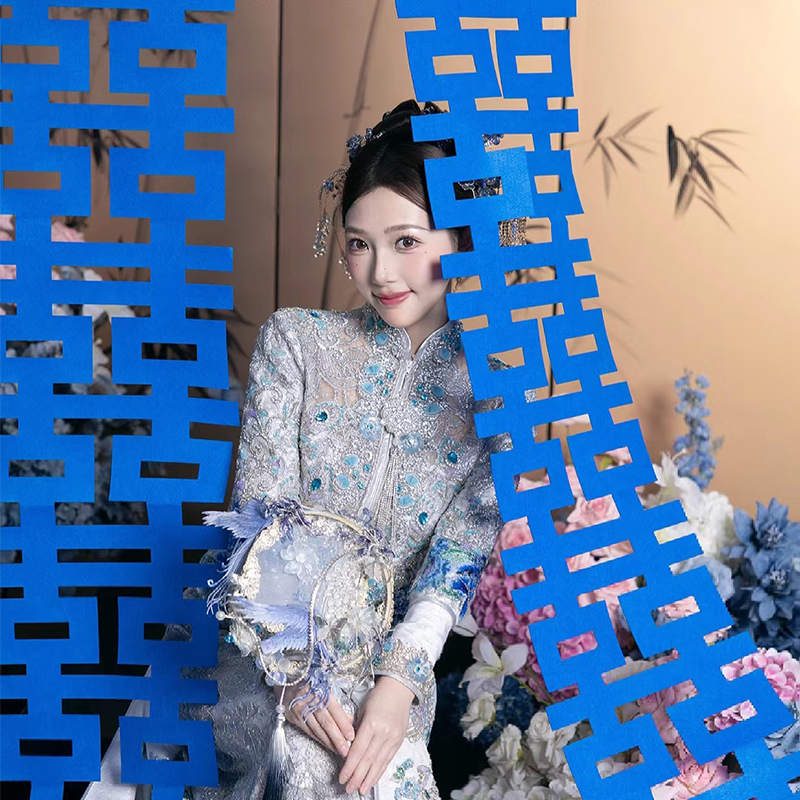 婚房布置套装长条喜字挂饰订婚拍照道具结婚客厅书法纱幔简约装饰