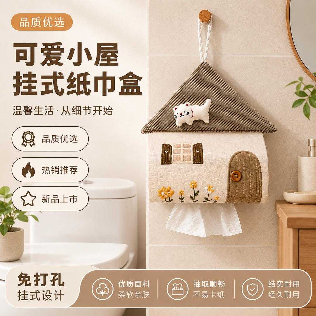卫生间悬挂抽纸袋创意小房子立体花朵布艺浴室纸巾收纳