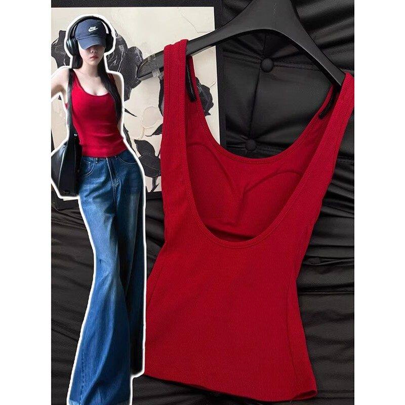 大码胖mm法式红色露背吊带背心女夏季外穿带胸垫辣妹文胸一体背心