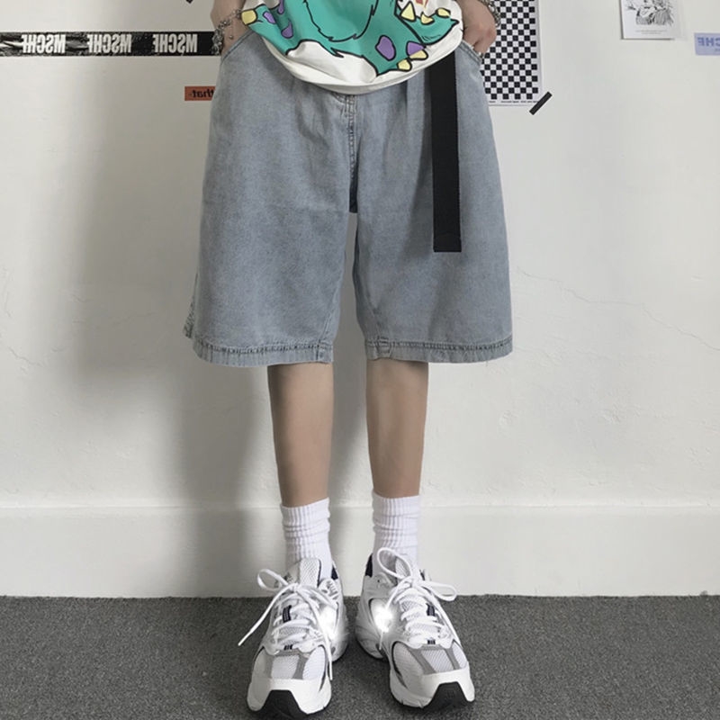 夏季高腰牛仔短裤男女ins潮宽松阔腿直筒显瘦小个子百搭五分中裤