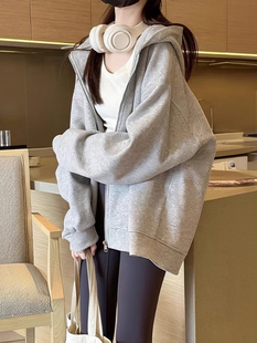 灰色连帽卫衣女春秋2025新款 外套拉炼上衣冬 加厚休闲宽松显瘦开衫