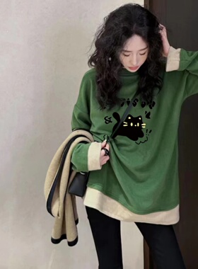 覆盖臀部，绿色德国丝绒女士加厚下摆衬衫，秋冬假期两件套百搭懒