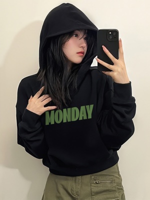 小个子短款卫衣连帽女秋冬季加绒加厚2025新款爆款黑色独特上衣