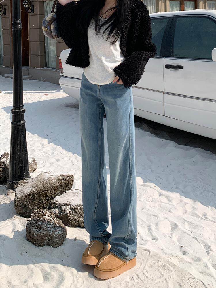 浅蓝色薄款直筒牛仔裤女春季2025爆款高腰宽松显瘦窄版阔腿裤厚绒