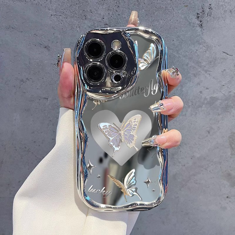 電鍍銀愛心蝴蝶適用蘋果15promax保護殼彩繪新款iPhone14pro女神氣質高級感13曲邊12全包防摔15pro矽膠保護套
