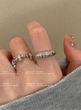 冷淡风~银色锆石十字架戒指女小众设计ins轻奢食指戒个性情侣对戒