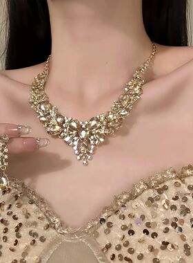 【璀璨星环】宫廷风金色闪钻水滴项链耳环新娘晚宴礼服锁骨链耳钉