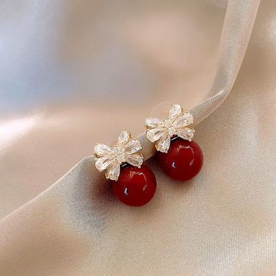 红色珍珠镶钻蝴蝶结耳钉2026新款轻奢高级感小众气质新年耳夹耳饰