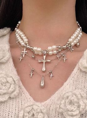 甜酷风多层十字架珍珠项链女配饰choker轻奢小众高级感锁骨链颈链
