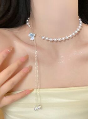花开半夏~蓝色鸢尾花珍珠项链女2025气质锁骨链轻奢高级抽拉颈链