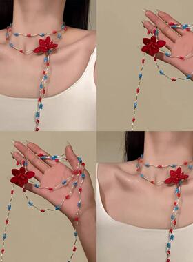 蔷薇家原创【春之灵韵】春夏季明媚花朵项链红蓝串珠choker锁骨链