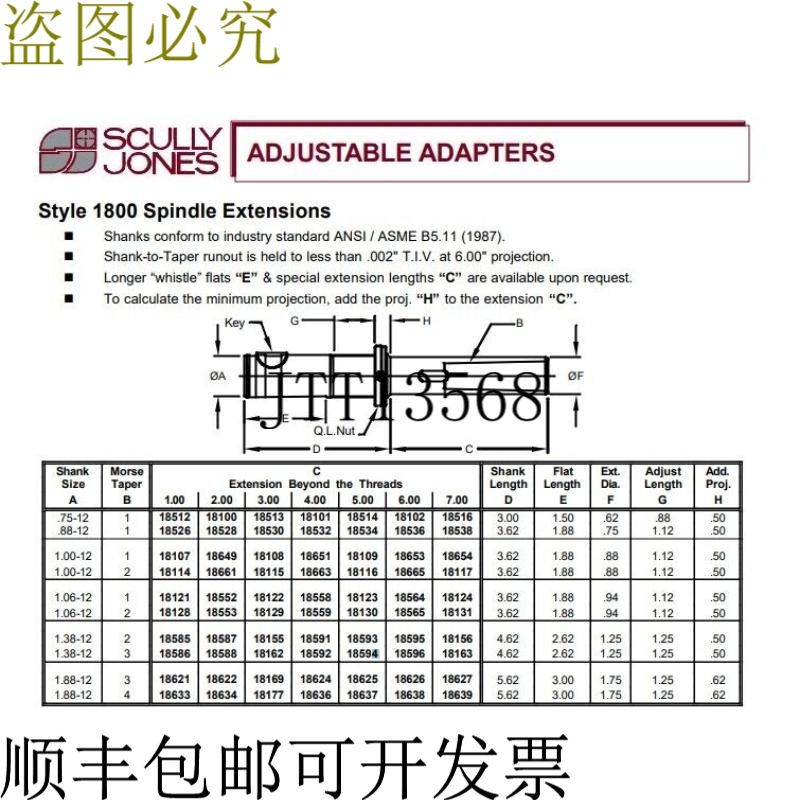 原装供应Scully Jones Morse 18122 可调节锥度 1 适配器 1-1/16