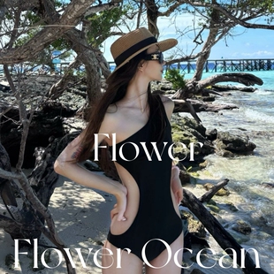 黑色简约高级感漏腰连体温泉海边度假泳衣 主调黑