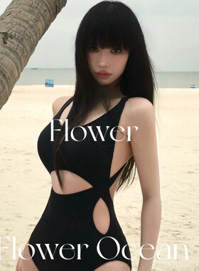 【BLACK】夏季黑色性感连体三角露腰修身显瘦沙滩海边度假泳装