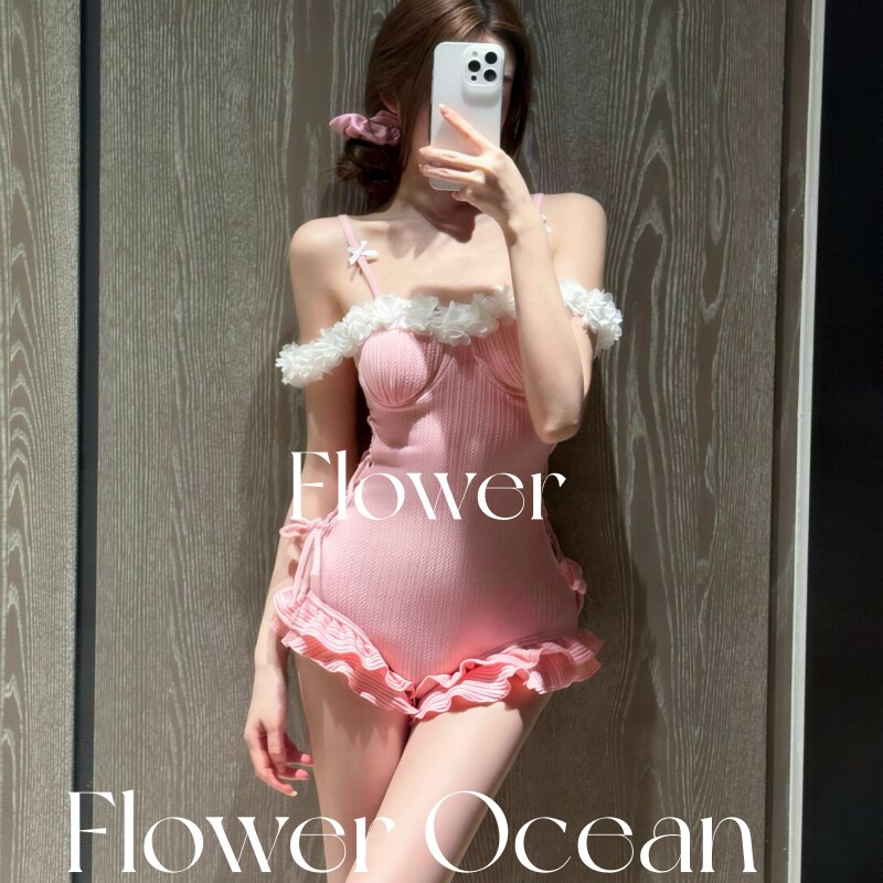 【满怀心动】新款纯欲风少女感连体露肩温泉海边度假泳衣