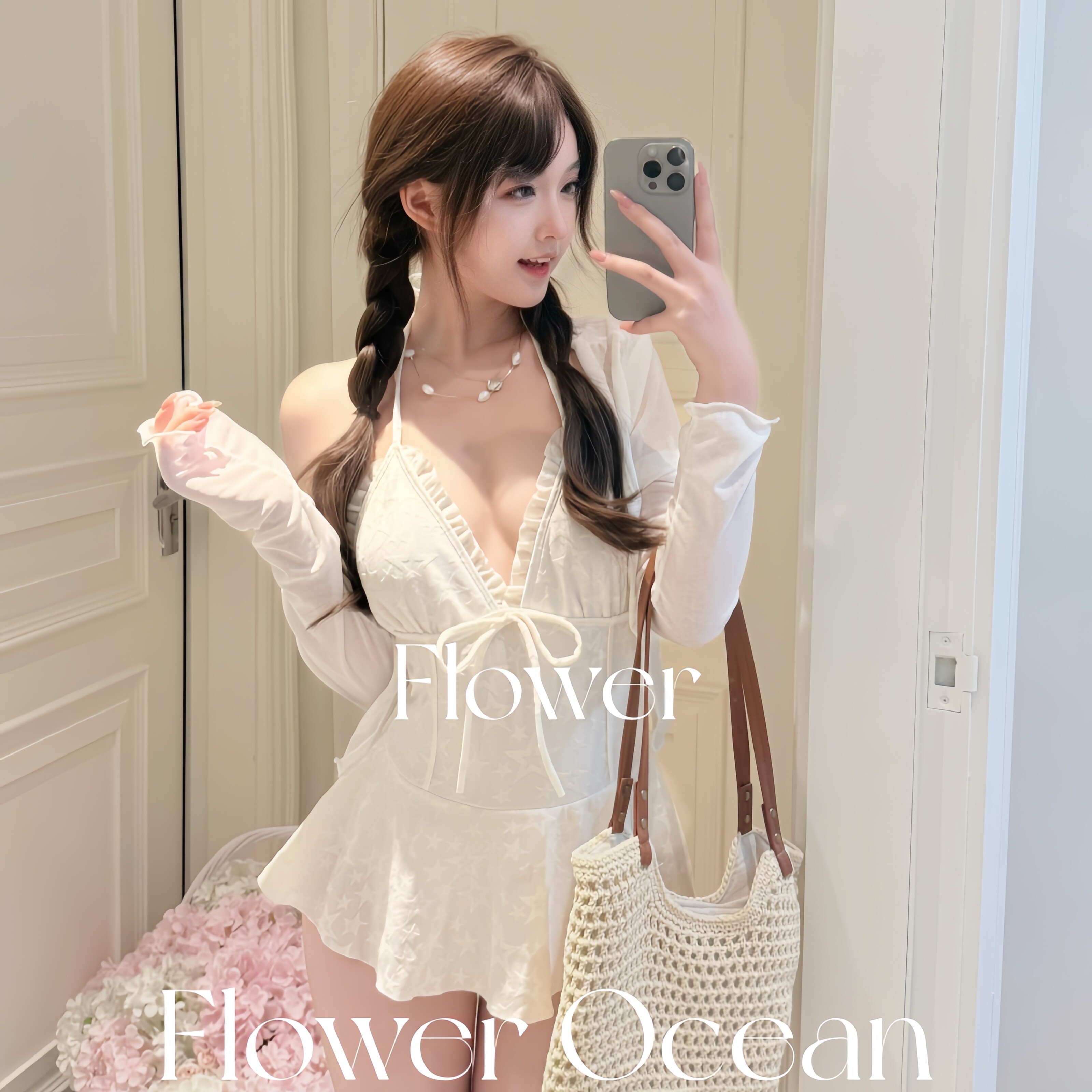 【初恋日记】纯欲挂脖连体芭蕾风两件套修身显瘦温泉度假泳衣