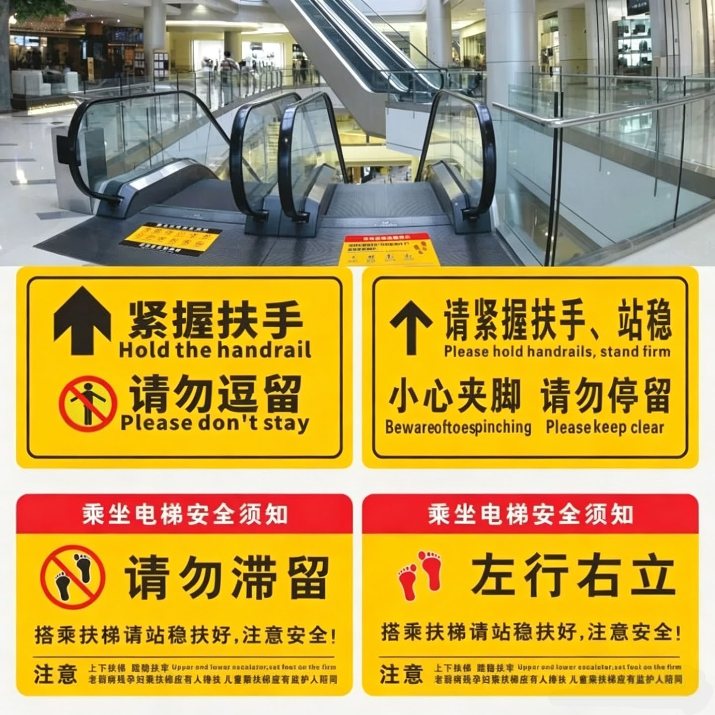 乘坐电梯扶梯安全须知地贴加厚斜纹地贴防水防滑耐磨上下爬梯紧握扶手站稳扶好小心夹脚请勿在此停留标识牌l
