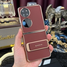 适用华为pocket2腕带旋转支架二合一皮革手机壳P50Pocket折叠屏保护套全包电镀防摔高档商务男女皮质新款超薄
