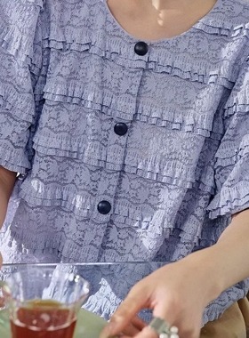 阔蓝紫色花苞上衣蕾丝t恤2025夏季法式小衫新款女短款小众半袖