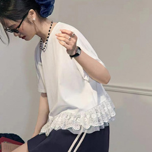 蕾丝网纱花边拼接白色上衣女2025春夏季新款正肩短袖宽松T恤