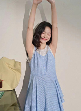 清仓假两件蕾丝花边格纹背心吊带女2025夏季新款蓝色不规则上衣