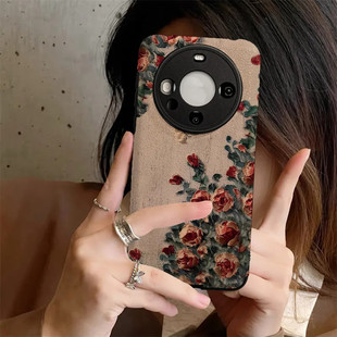 油画玫瑰花适用华为mate70pro手机壳新款女mate60保护套全包防摔pura70高级感皮纹奢华mate50pro外壳潮牌p60
