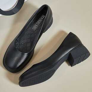 考公面试鞋方头粗跟3.8cm黑色皮鞋软底中跟浅口女单鞋公务员面试