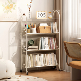 奶油风书架落地置物架可移动客厅钢制书柜卧室多层儿童绘本收纳架