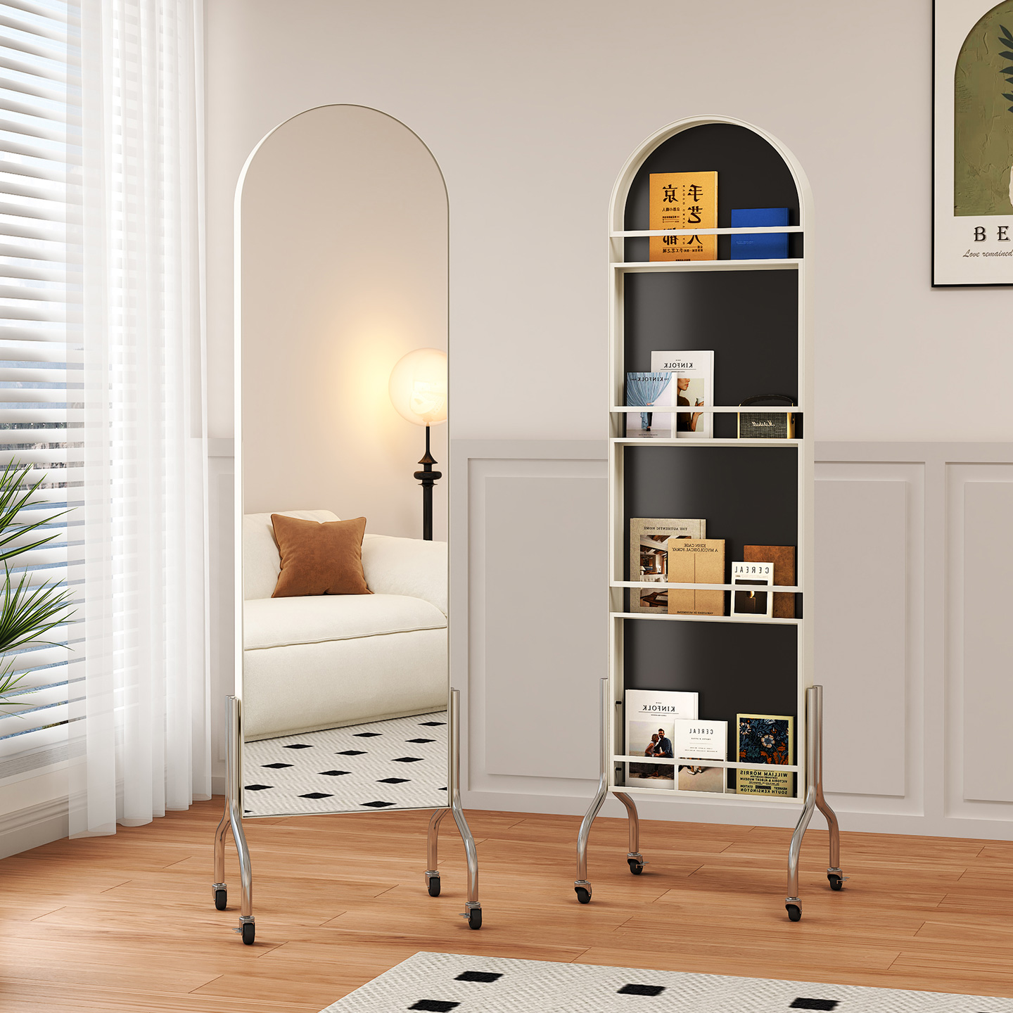 奶油风家用卧室可移动镜子全身镜