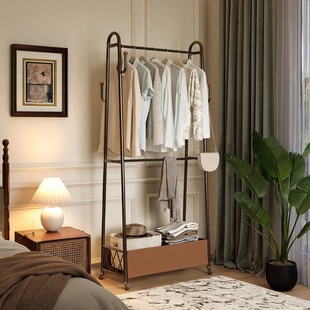 中古风卧室落地衣架可移动衣帽架家用铁艺挂衣架大容量衣服收纳架