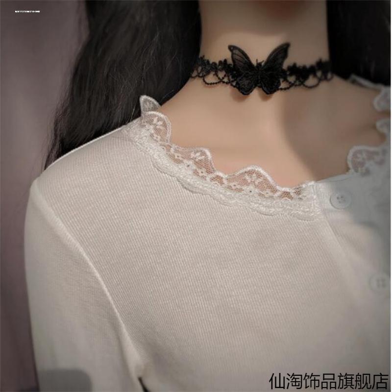 黑色颈带山茶花系带蝴蝶结Choker锁骨链项链仙女风配饰夏季新款潮