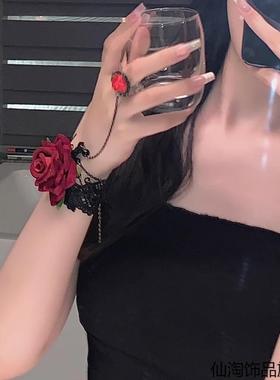 lolita手饰红色玫瑰戒指手链一体哥特配饰蕾丝手腕万圣节cos道具