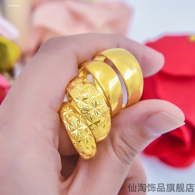 沙金戒指女古法传承素圈三生三世仿真黄金小众设计百搭尾戒