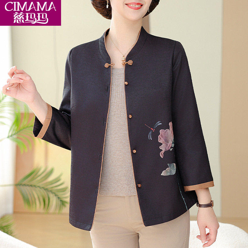 中式妈妈春装复古刺绣薄款外套中老年人女国风长袖衬衫60岁衬衫服