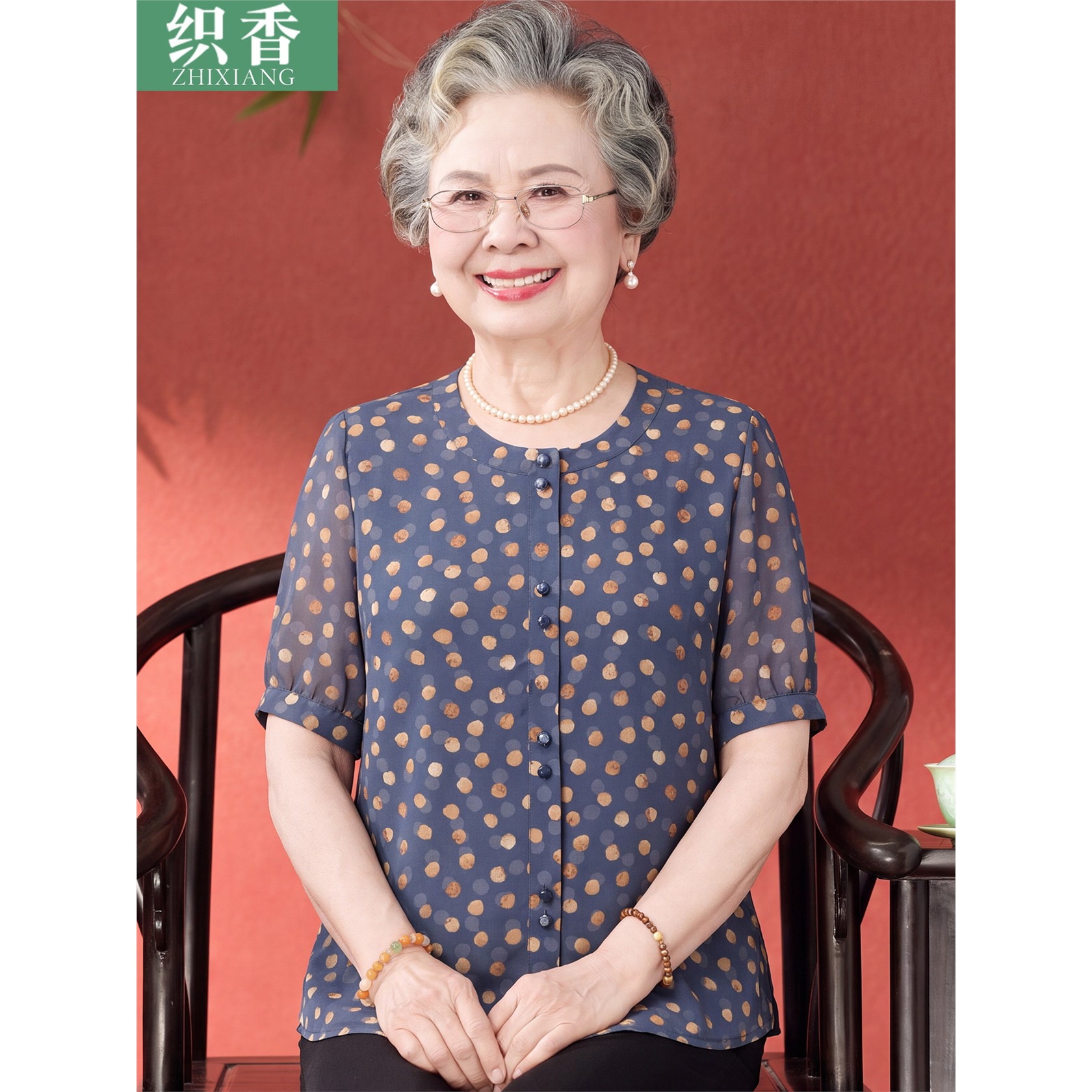 妈妈夏装雪纺衬衫圆点短
