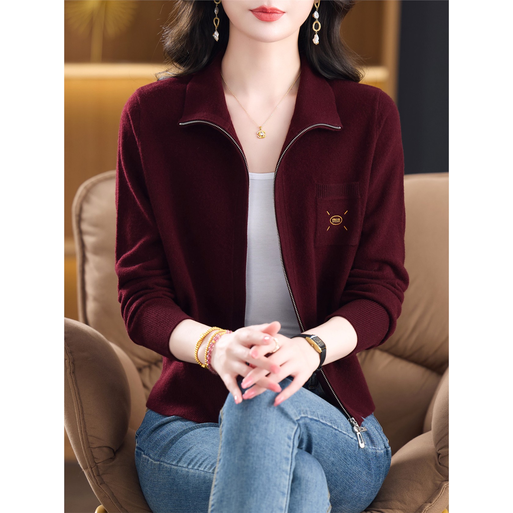 100%纯羊毛开衫女士春秋2