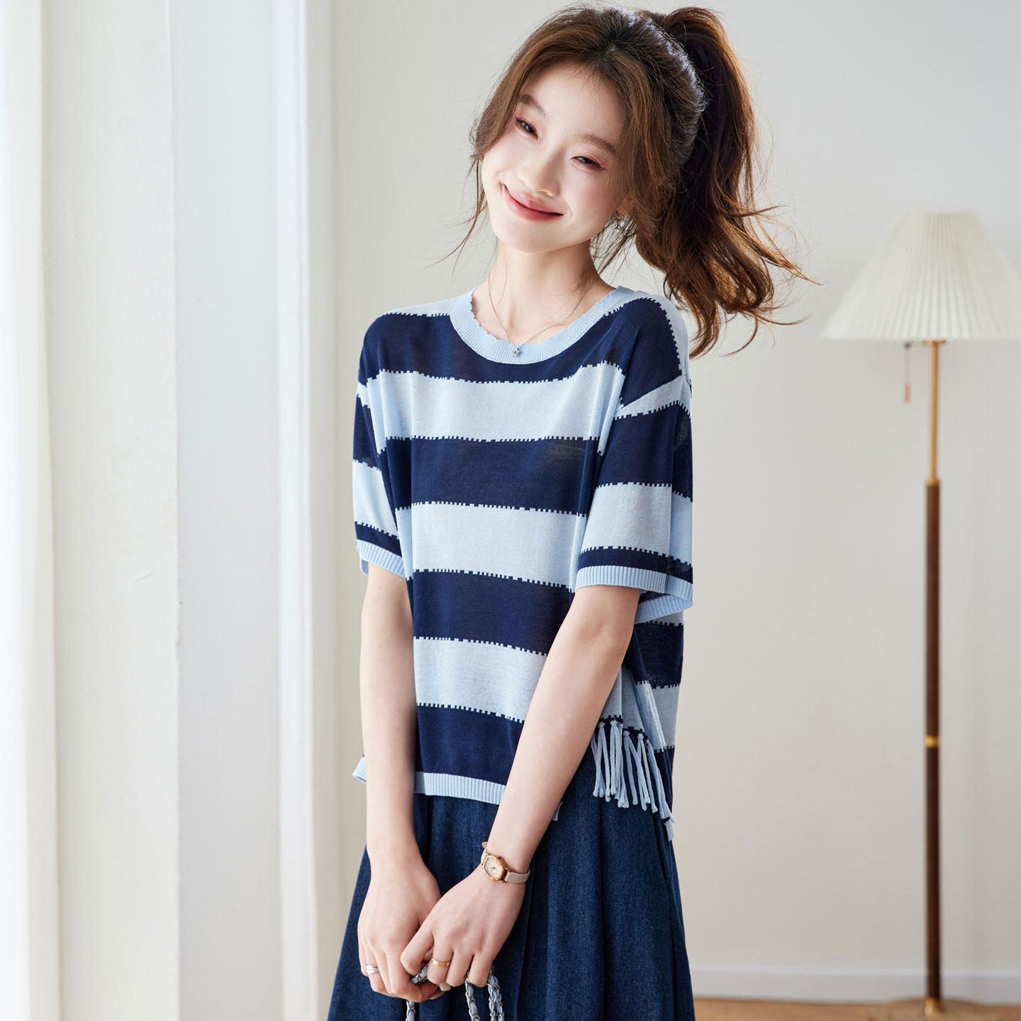 冰丝条纹短袖T恤女夏季20