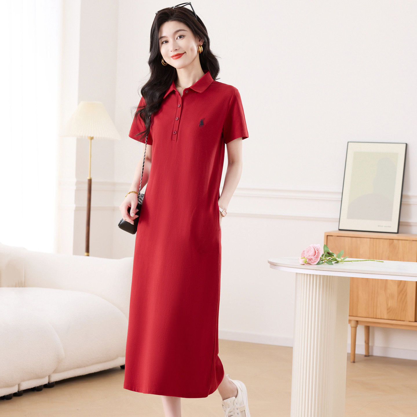 红色polo领连衣裙女2026