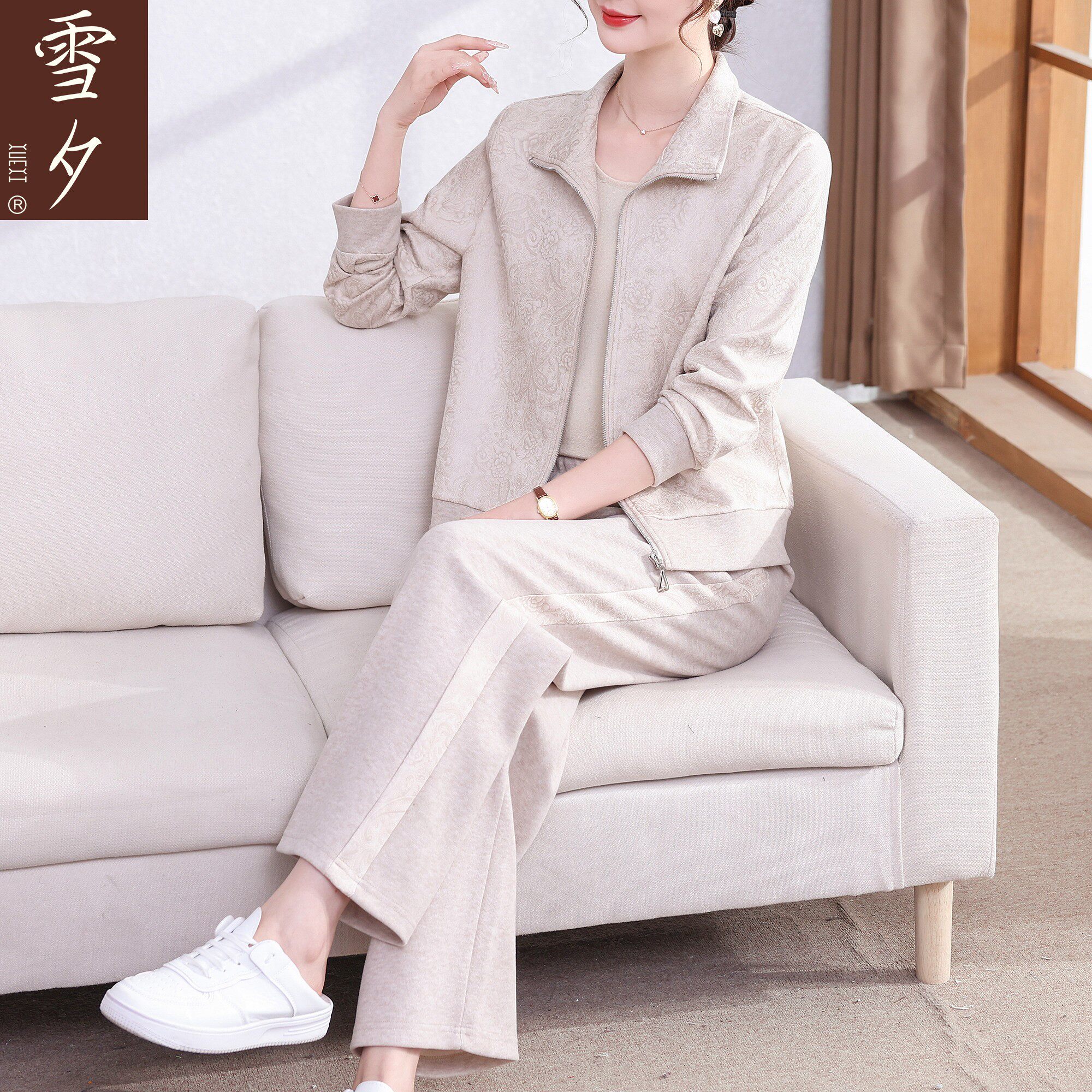 妈妈春装端庄大衣套装2026新款中老年女装洋派休闲运动服外套50岁
